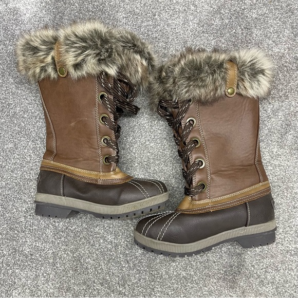 LONDON FOG BROWN LEATHER MID CALF BOOTS FAUX FUR LACE UP CHUNKY Y2K
Size UK 6 - Picture 2 of 8